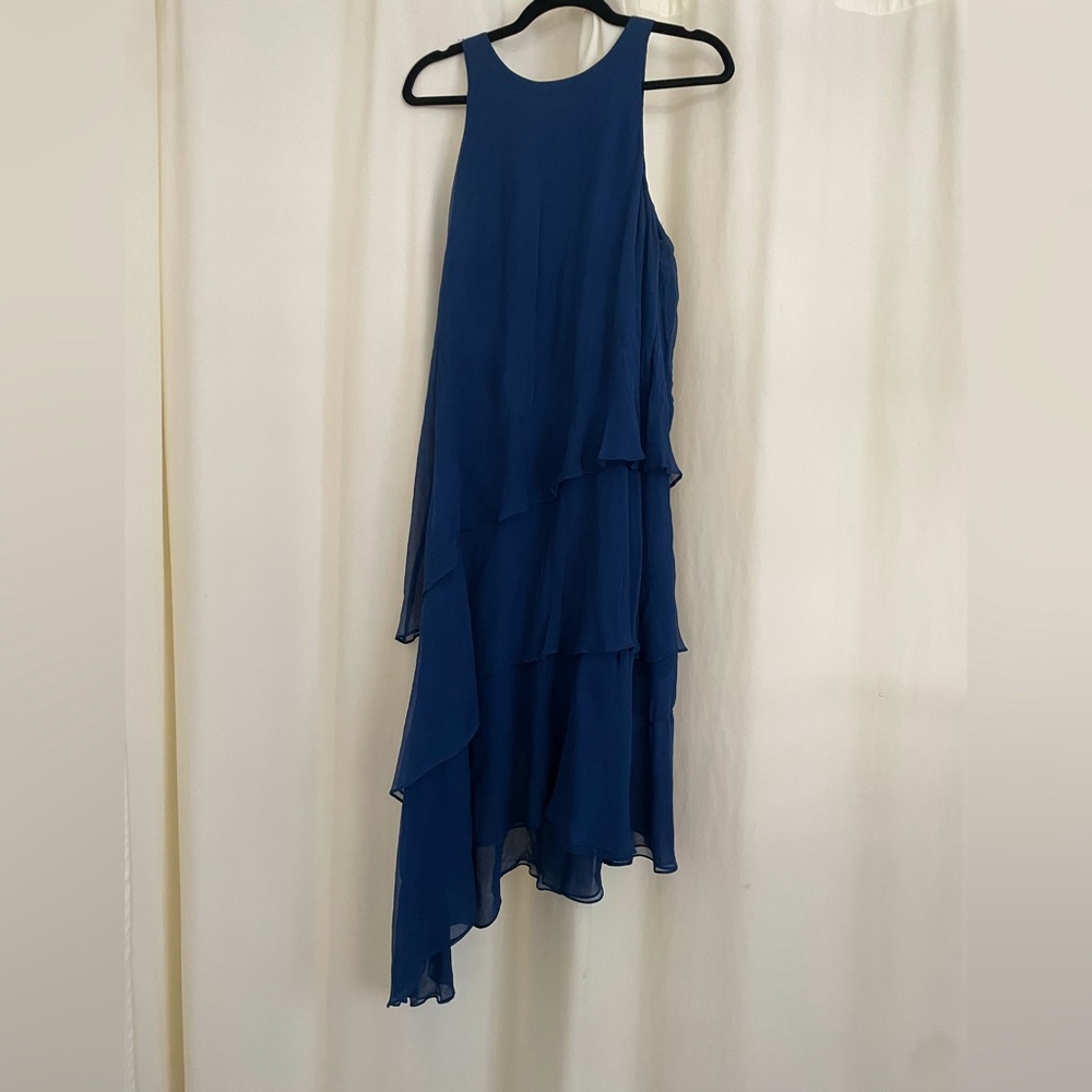 BCBGMAXAZRIA Silk Dress Sz 10 Blue Asymmetrical Tiered Ruffle Sleeveless Fairy